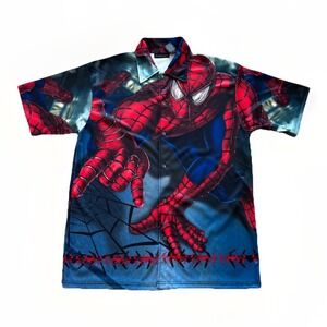 Vintage Spider Man Shirt Mens M AOP Button Up Marvel Y2K Movie